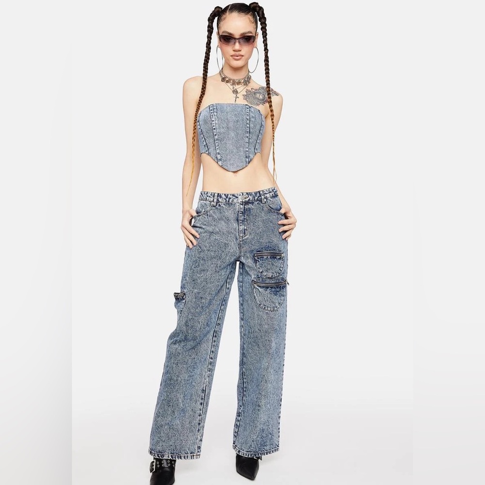 BY DYLN Amison Denim Corset (BNWT, orig $100, sz M, REVOLVE, DOLLSKILL)